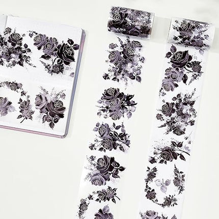 WT Rose Noir Wide PET Tape Gilded,Single Roll,Original Designs,Black Floral Decors,Transparent Clear Adhesive Tape,Gold Foil,Scrapbooks Junk Bujo Journals Planners DIY Crafts Supplies Gifts