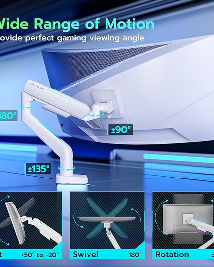 Ultrawide Monitor arm for 17-49'' Heavy Duty Screen up to 44lbs, Gas Spring Single Monitor Arm with RGB Light, Adjustable Gaming Computer Monitor Arm for Desk, White