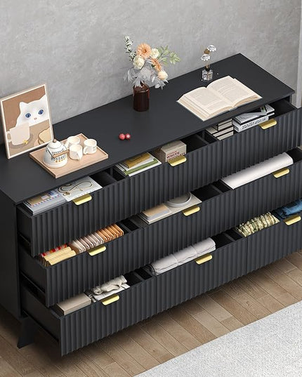 BORNOON Fluted 9 Drawer Dresser, 57.1" Wide Modern Boho Chest of Drawers, Wooden Storage Dresser TV Stand for Bedroom, Living Room, Closet, Hallway, Curved Profile Design