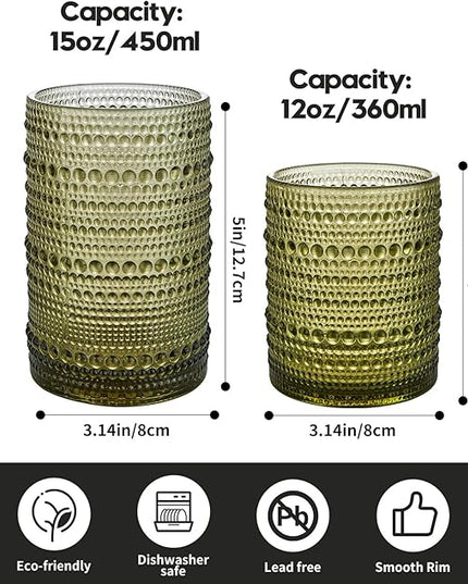 Vintage Hobnail Drinking Glasses Set of 12 (15oz) – Embossed Green Textured Tumblers, Non-Slip, Dishwasher Safe for Cocktails, Whiskey, Bar & Kitchen Cups