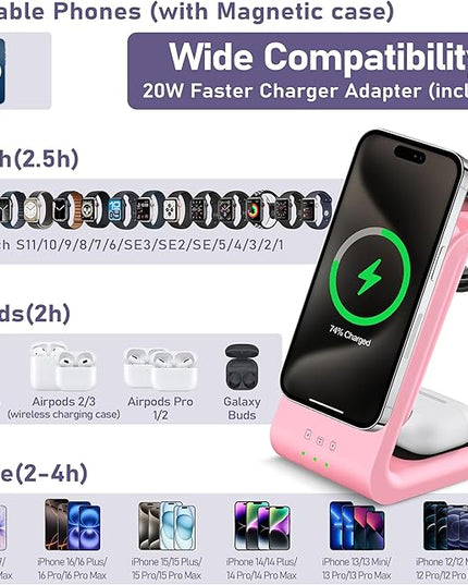3 in 1 Wireless Charging Station: 5000mAh Removable Power Bank Charger Stand for Phone/Watch/Air Pods - Portable Magnetic Battery Pack for Air 17 16 15 14 13 12 Series Pink
