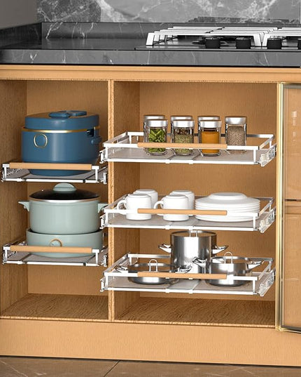 KIKIBRO Pull Out Drawer Cabinet Organizer, Expandable Slide Out Storage Shelves - Heavy Duty, Durable and Smooth Slide-Out, 17" x 28" Wide x 22.5" Deep, 2 Pack