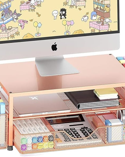 OPNICE Desk Organizers and Accessories, 2-Tier Computer Monitor Stand with Drawer and 2 Pen Holders, Laptop Stand, Office Desk Accessories for Office Supplies, Rose Gold