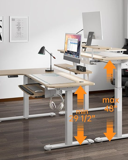 EUREKA ERGONOMIC Standing Desk Adjustable Height 61" Electric Sit Stand Computer Desk L Shaped with Keyboard Tray,Monitor Stand &LED, Dual Motor Memory Presets Sit to Desk Adjustable Desk, Left/Maple