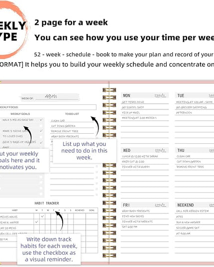 Undated Weekly Planner with Metal Corner Hardcover Notebook , A5 Size Journal with To Do List Planner, Habit Tracker,Weekly Goals for ADHD,Student, Office, Women, Men ,Gifts,6 x 8 inches，Spiral Bindding ,Pink