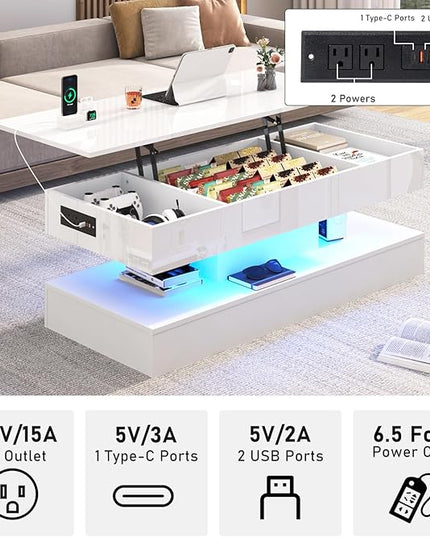 47.2" Large Lift Top Coffee Table,Modern High Glossy LED Coffee Tables for Living Room with Storage Drawer,White Living Room Tables for Livingroom,Dining Room,Bedroom Home Office(White)