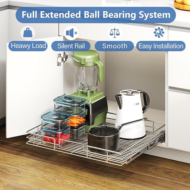 ROOMTEC Pull Out Cabinet Organizer, Cabinet Pull Out Shelves 25½" W x 21½" D, Heavy Duty Cabinet Drawers Slide Out Kitchen Cabinet Organizers Storage Shelf