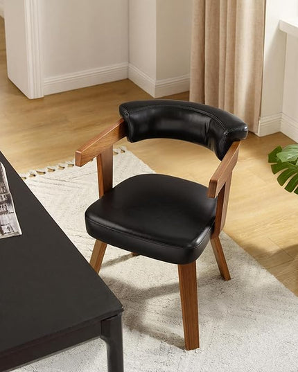 Fat Ant Home Office Desk Chair - Mid Century Modern Chair, Faux Leather Office Chair No Wheels, Comfy Accent Arm Chair with Wood Legs for Small Spaces Living Room Bedroom Study, Black/Walnut