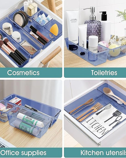 WOWBOX 25 PCS Plastic Drawer Organizer Set, 4 Sizes Desk Drawer Divider Organizers and Storage Bins for Makeup, Jewelry, Gadgets for Kitchen, Bedroom, Bathroom, Office, Clear Dark Blue