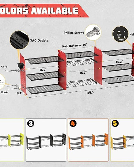 Power Tool Organizer with Charging Station Wall Mount, 3 Layer Expanded Heavy Duty Garage Organization, 45.5 Inch Length Garage Tool Storage, 8 Drills, 2 Assemble Method, Red