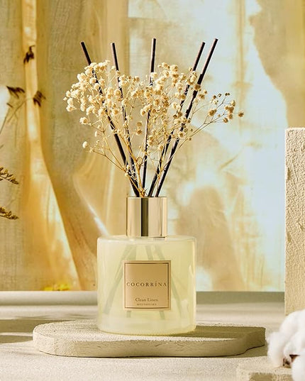 COCORRÍNA Reed Diffuser - Clean Linen 17 Fl.oz Reed Diffuser with 8 Sticks Scented Diffuser with Preserved Flowers for Bathroom Home Decor