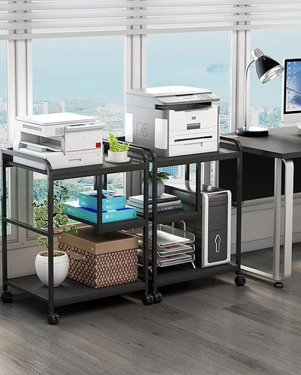Printer Stand with Storage Shelf for Home Office Organization, 22 x 18 Inch Large Printer Table with Wheels, Shredder Stand, CPU Stand, Rolling Cart for Host Computer, PC Tower, Desktop- Black