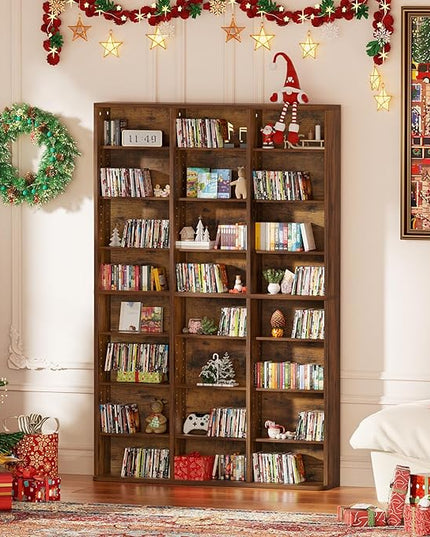 LELELINKY 8 Tier Tall Display Cabinet, Brown Media Storage Cabinet with Adjustable Shelves, Free Standing DVD Organizer Shelf, Floor Multimedia Storage Manga Bookshelf for Living Room & Home Office.
