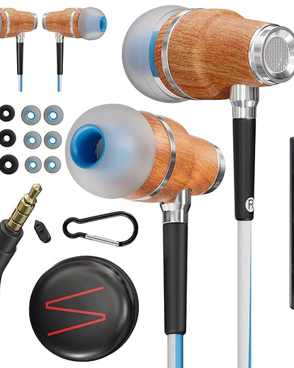 Symphonized NRG 3.0 Wired Earbuds with Microphone, Wooden Phone & Laptop Headphones, 90% Noise Cancelling Corded Earphones with 3.5mm Jack (Blue)