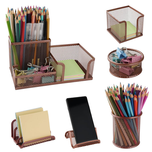 Uppmeant 6 Pack Mesh Metal Desk Organizer Stationery Storage Set Rose Gold