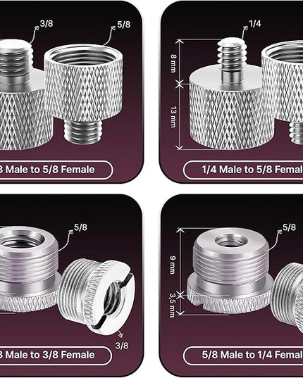 IXTECH Mic Stand Adapter Set 8 pc - Metal Tripod Adapters Female-Male 5/8-3/8, 3/8-5/8, 5/8-1/4, 1/4-5/8 ADP02 Silver