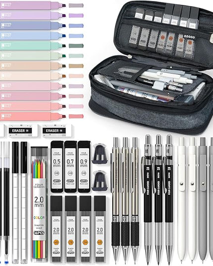 Four Candies 45 PCS School Supplies with Pen Case, 12 Pastel Highlighters, 6 Black Ink Gel Pens, 6 Mechanical Pencils Set for Students Stationary College Essentials (Black)