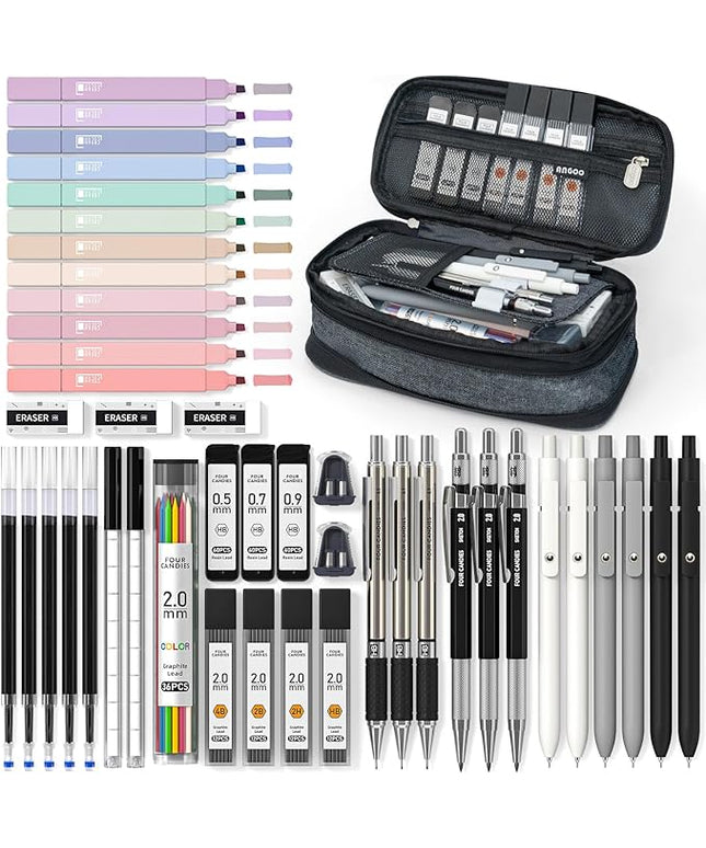 Four Candies 45 PCS School Supplies with Pen Case, 12 Pastel Highlighters, 6 Black Ink Gel Pens, 6 Mechanical Pencils Set for Students Stationary College Essentials (Black)