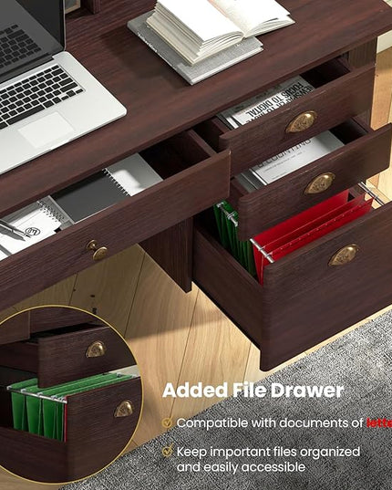 Tangkula Computer Desk with 4 Storage Drawers & Hutch, Home Office Desk Vintage Desk with Storage Shelves, Wooden Executive Desk Writing Study Desk (Brown)