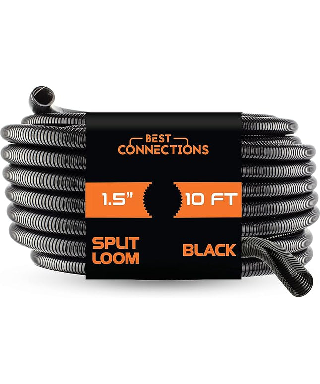 BEST CONNECTIONS Split Wire Loom Flex-Guard Convoluted Tubing Protective Split Cable Sleeves for Auto Home Industrial Electrical Wires Chemical Resistant Conduit Black (1.5" - 10 ft)