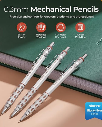 Nicpro 3 Pack Blocky Gear 0.3 mm Metal Mechanical Pencils Set with Case, Lead Drafting Pencil with 8 Tube (480PCS) Lead Refills, 4 Erasers, 18 Eraser Refills for Art Writing, Sketching Drawing