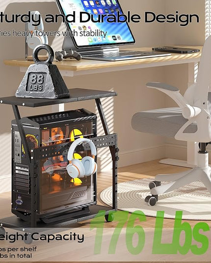 24In Large PC Stand, 5 Levels Height Adjustable Computer Tower Stand with Wheels and Hooks, CPU Holder Cart for Floor, Carpet and Under Desk, Easy Assembly（NOT Including Power Strips）