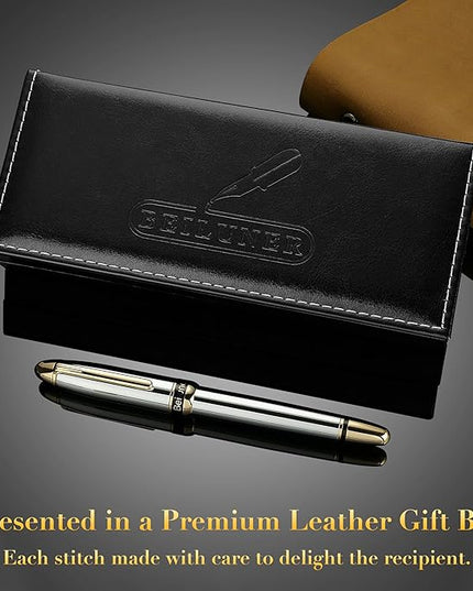BEILUNER 315 Silver Chrome Fountain Pen,Stunning Luxury Pens with 24K Gold Accents, Gorgeous 24K Gilded Nib(Medium), Ink Converter,Fancy Pen Gift for Men&Women-Elegant, Office, Reliable, Nice Design