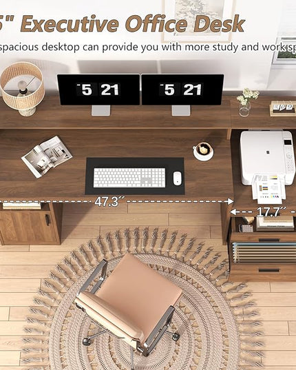 Computer Desk with 3 Drawers & Storage Shelves, 65 Inch Home Office Desk with File Drawer & Cabinet, Writing Study Desks with Monitor Stand & Printer Shelf, Executive Desk, Brown