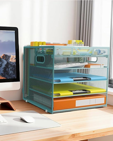 Docnest 5 Tier Letter Tray with Hanging File Organizer-Mesh Desk Organizer-Desktop Storage Box Built in Pen Holder and Handles, File Folder Holder for Mail Documents Office Supplies-Blue