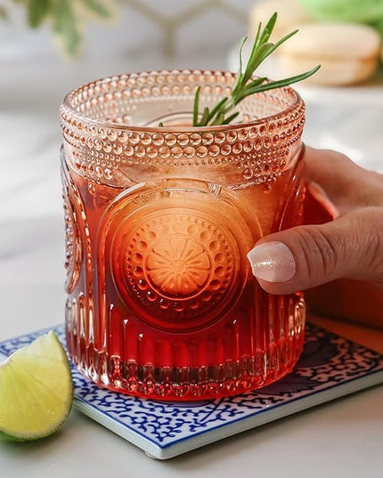Ribbed Retro Arch Floral Rose Gold Drinking Glasses Set of 6, (10 oz) Vintage Glassware Set by Kate Aspen| Cocktail Glass Set, Juice Glass, Water Cups | Great Hostess Gift & Gift for New Home Owners