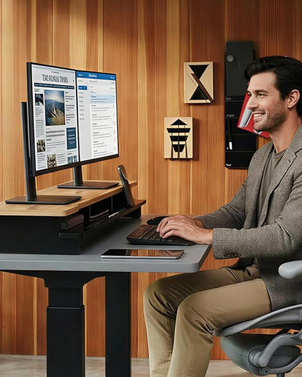 Monitor Stand Dual Monitor Stand Riser for Desk,Wood Desk Shelf Storage Organizer with Phone Tablet Holder (42.5 Inch, Black & Dark Bamboo)
