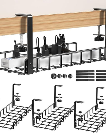3 Pack Cable Management Under Desk Tray, 47.1" No Drill Under Desk Wire Management with Upgraded Clamp, Metal Cord Organizers with Cable Organizers, PC Cord Organization Rack, Black