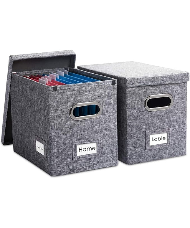 PRANDOM File Organizer Box - Set of 2 Collapsible Decorative Linen Filing Storage Hanging File Folders with Lids Office Cabinet Letter Size Grey (14x9.3x10.8 inch)