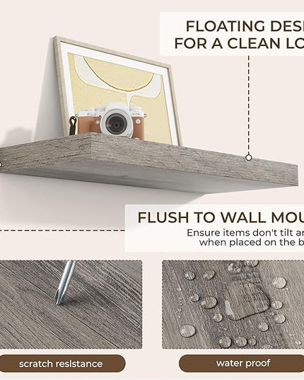 RICHFOCUS 24Inch Floating Shelves for Wall 2 Pack Shelves for Bedroom|Kitchen|Bathroom Wall Mounted Rustic Wood Floating Shelf with Invisible Brackets for Books|Storage|Decor, Grey