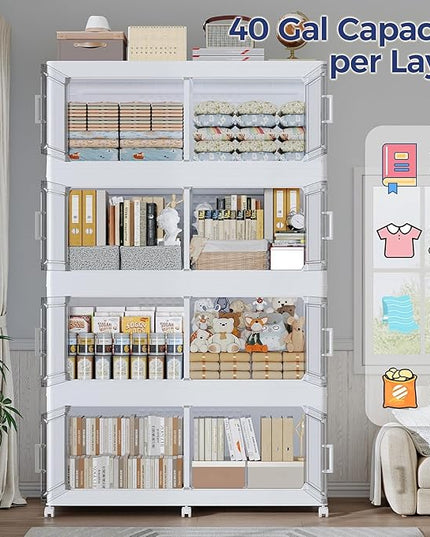 160Gal Stackable Storage Bins with Lid, 640Qt Extra Large Collapsible Storage Box with Wheels, Dividers, Folding Plastic Cabinet Closet Organizers for Home Kitchen Office Dorm, 4Pack White