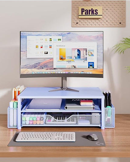 OPNICE Desk Organizers and Accessories, 2-Tier Computer Monitor Stand Riser with Drawer and 2 Pen Holders, Laptop Stand, Office Desk Accessories for Office Supplies, Blue