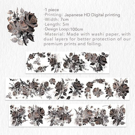 WT Rose Noir Wide Washi Tape Gilded, Single Roll, Original Designs, Black Flower Gold Foil Decors, Journal Scrapbook Bujo Planner DIY Crafts Supplies Gifts, Vintage Floral Adhesive Tape