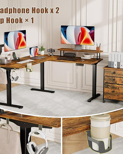 Electric L Shaped Standing Desk with File Cabinet, 59" x 59" Corner Computer Desk with Drawers, Dual Motor Stand Up Desk with Storage, FLYCITY Home Office Standing Desk Adjustable Height, Rustic Brown