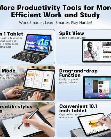 Android 15 Tablet 10 inch,24GB RAM 128 ROM,Tablets with Keyboard Case Mouse Stylus,1TB Expandable,Octa-Core 6000mAh 1280x800 IPS HD,5G WiFi,T615 CPU,High Performance,Processor,Dual Camera(Blue)