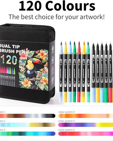 Dual Tip Markers, Brush Art Markers Set with Fine Tip and Brush Tip for Adult Coloring Book, Hand Lettering, Calligraphy & Drawing, Professional Art Supplies Kit for Adults (120 Colors)
