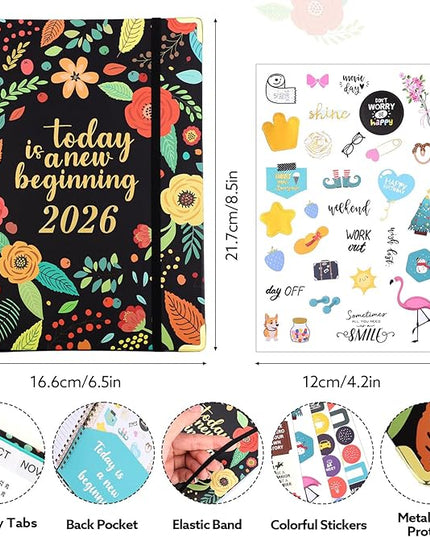 2026 Planner, Weekly and Monthly Planner, January 2026 - December 2026, Calendar Planner A5 (6.5" x 8.5") with Tabs, Inner Pocket for Home School Office Supplies, Black Flower