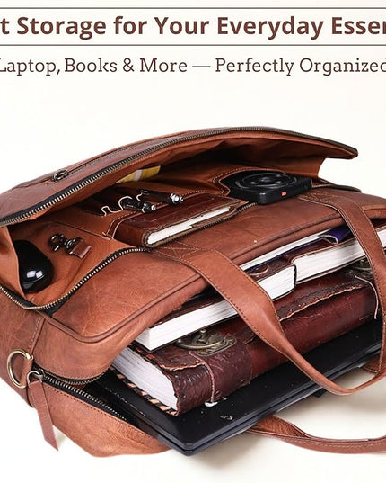17-inch Genuine Leather Laptop Briefcase for Men and Women – Brown Leather Messenger Bag for Professional Work, Office, College & Travel Computer Laptop Bag