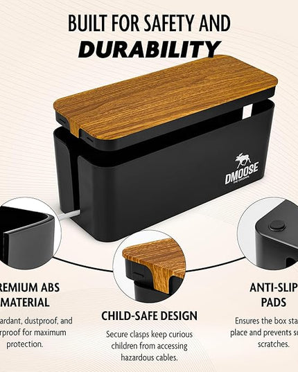 DMoose Cable Management Box - 2 Pack Medium & Large Cord Organizer for Desk & Floor, Cable Organizer Box for Child & Pet - Hider for Tidy Office & Home (Wood Print Lid, Black, Pack of 2)