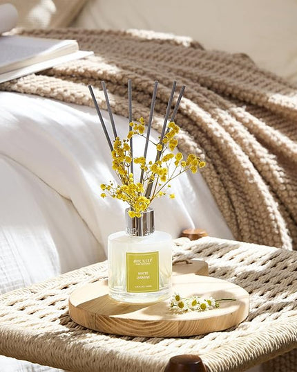 Airkeep Reed Diffuser Set,3.38 fl oz (100 ml) - White Jasmine Oil Diffusers with 8 Reed Sticks, Home Fragrance Reed Diffuser for Bathroom Shelf Decor