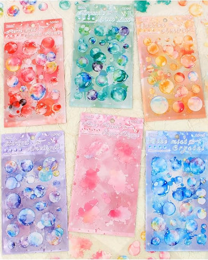 24 Sheets Precut Transparent PET Stickers for Journaling, 6 Assorted Colors, Watercolor Splash and Bubble Sticker for Scrapbooking, Junk Journal Supplies, Card Making, Collage, Arts Crafts
