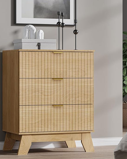 BORNOON Fluted 3 Drawer Dresser, 30.3" Tall Compact Modern Boho Chest of Drawers, Wooden Storage Cabinet for Bedroom, Living Room, Entryway, Curved Profile Design