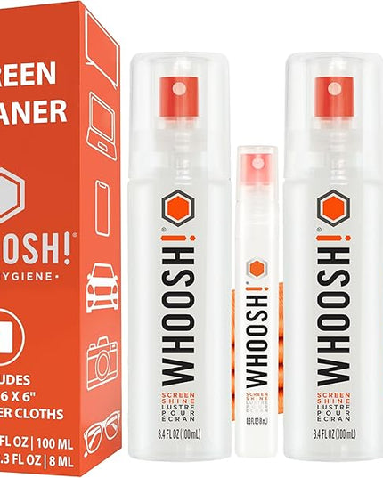 WHOOSH! Laptop Screen Cleaner Spray and Wipe [Set of 2] - 3.4 + 0.3 fl oz + 2 Microfiber Cloths - Duo with Large & Travel Size Bottles for Eyeglass Cleaner & Car Screen Cleaner- iPhone Cleaning Kit