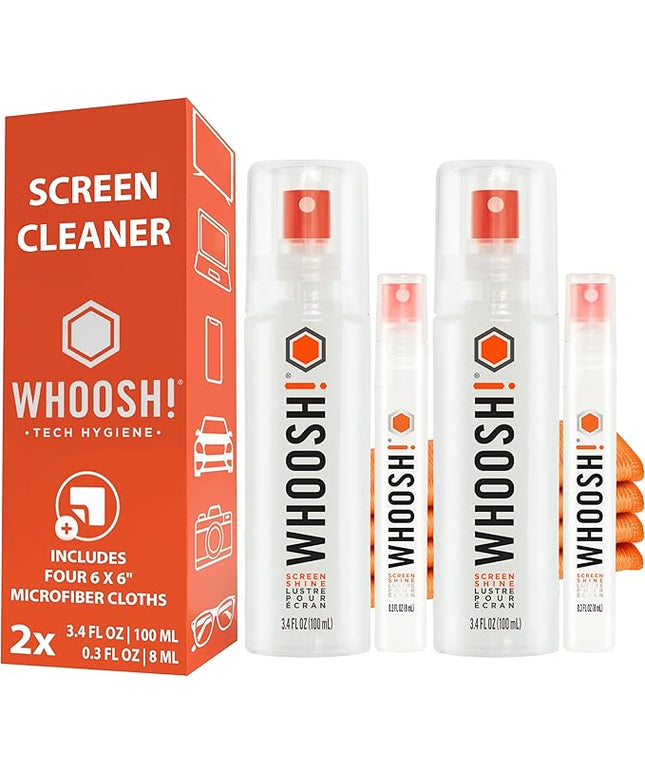 WHOOSH! Laptop Screen Cleaner Spray and Wipe [Set of 2] - 3.4 + 0.3 fl oz + 2 Microfiber Cloths - Duo with Large & Travel Size Bottles for Eyeglass Cleaner & Car Screen Cleaner- iPhone Cleaning Kit