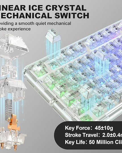Transparent Mechanical Keyboard, RGB Backlit Wireless Creamy Gaming Keyboards, Hot Swap Customizable Clear Acrylic Design, 80-Key Quiet Linear Switches, 3 Modes BT5.0/2.4G/USB-C 4000mAh Battery, White