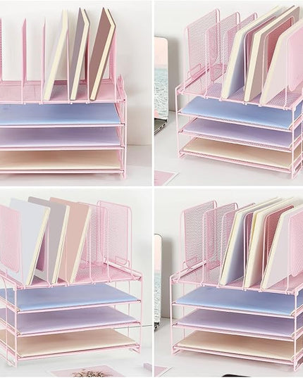 LEKETREE Desk Organizers and Accessories, 3-Tier Paper Organizer with 5 Vertical File Holders, File Organizer for Desk (Pink, 3T)